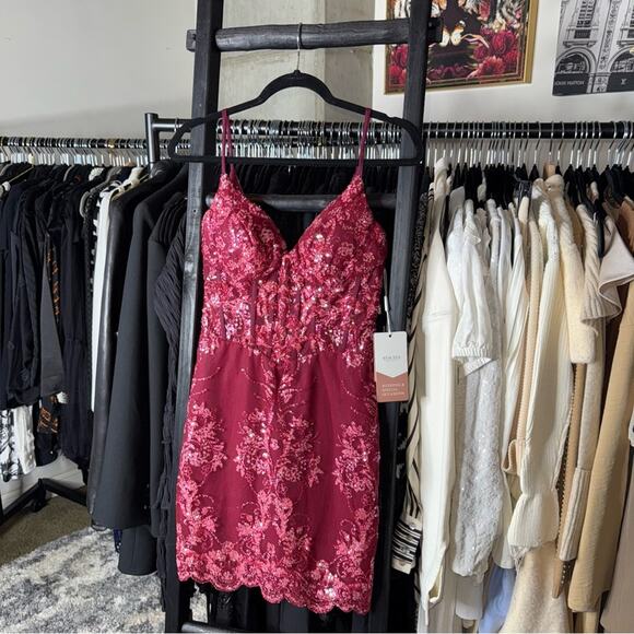 Stacees Sparkly Cabernet Sequin Corset Mini Dress - Picture 2 of 8